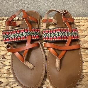 Mossimo Supply Co. Tan Sandals with Red and Green Pattern